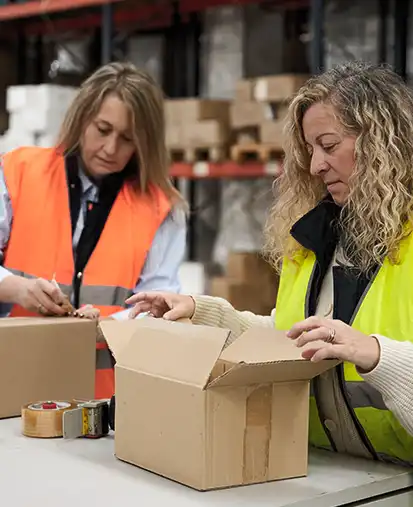 Versandkartons werden von zwei Frauen konfektioniert und verschlossen